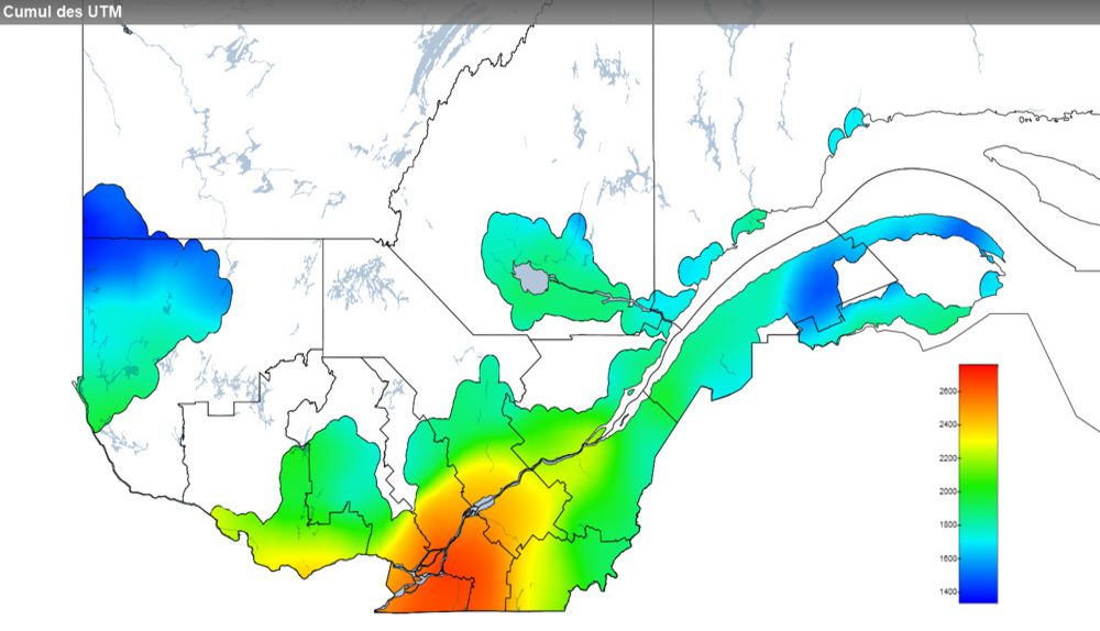 Ce graphique provient du site Agrométéo Québec. Il présente la cumulation des unités thermiques maïs (UTM) à partir du 15 mai. Pour obtenir des informations plus précises, visitez le site d'Agrométéo Québec à partir du lien suivant ce graphique.
