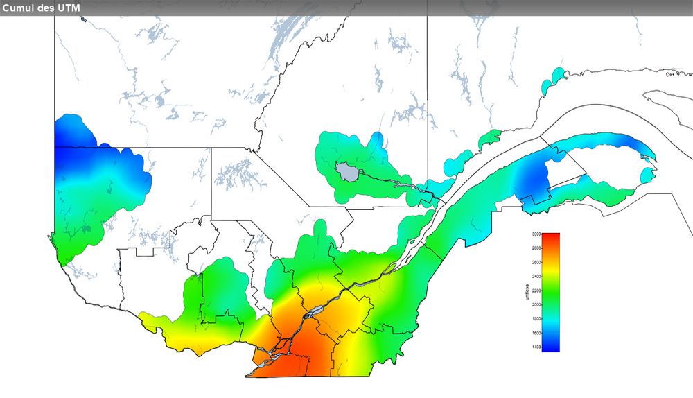 Ce graphique provient du site Agrométéo Québec. Il présente la cumulation des unités thermiques maïs (UTM) à partir du 15 mai. Pour obtenir des informations plus précises, visitez le site d'Agrométéo Québec à partir du lien suivant ce graphique.