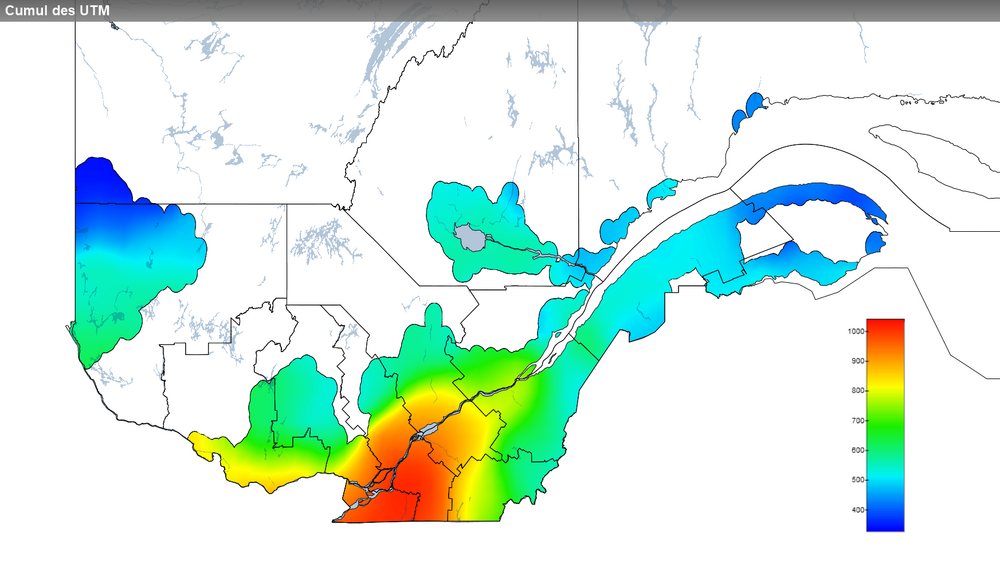 Ce graphique provient du site Agrométéo Québec. Il présente la cumulation des unités thermiques maïs (UTM) à partir du 15 mai. Pour obtenir des informations plus précises, visitez le site d'Agrométéo Québec à partir du lien suivant ce graphique.
