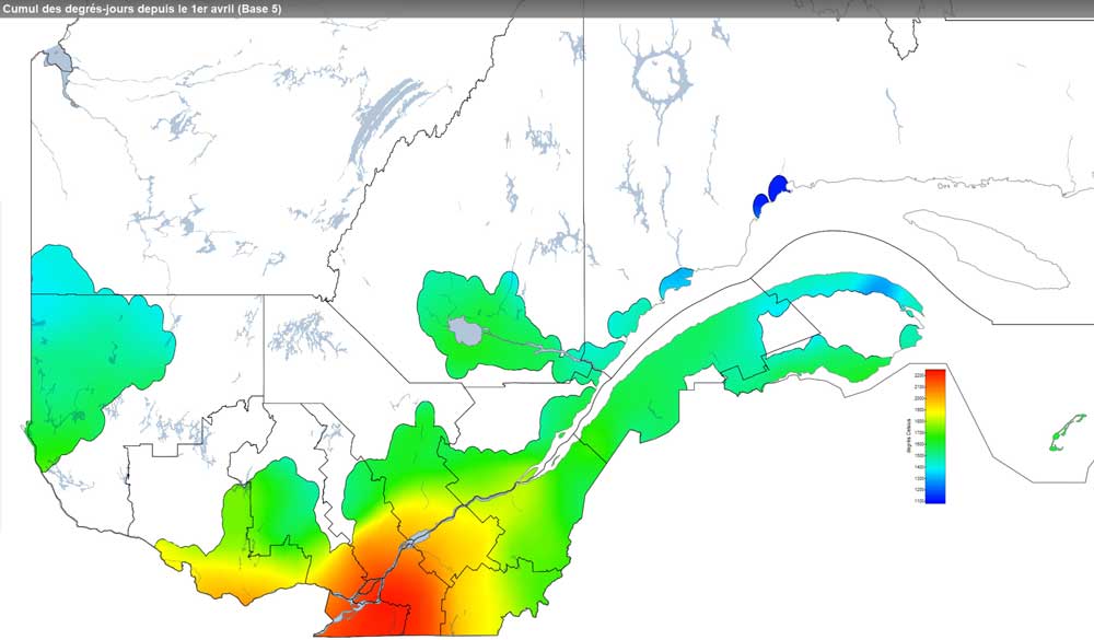 Ce graphique provient du site Agrométéo Québec. Il présente la cumulation des degrés-jours à partir du premier avril (base 5 degrés). Pour obtenir des informations plus précises, visitez le site d'Agrométéo Québec à partir du lien suivant ce graphique.