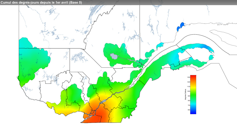 Ce graphique provient du site Agrométéo Québec. Il présente la cumulation des degrés-jours à partir du premier avril (base 5 degrés). Pour obtenir des informations plus précises, visitez le site d'Agrométéo Québec à partir du lien suivant ce graphique.