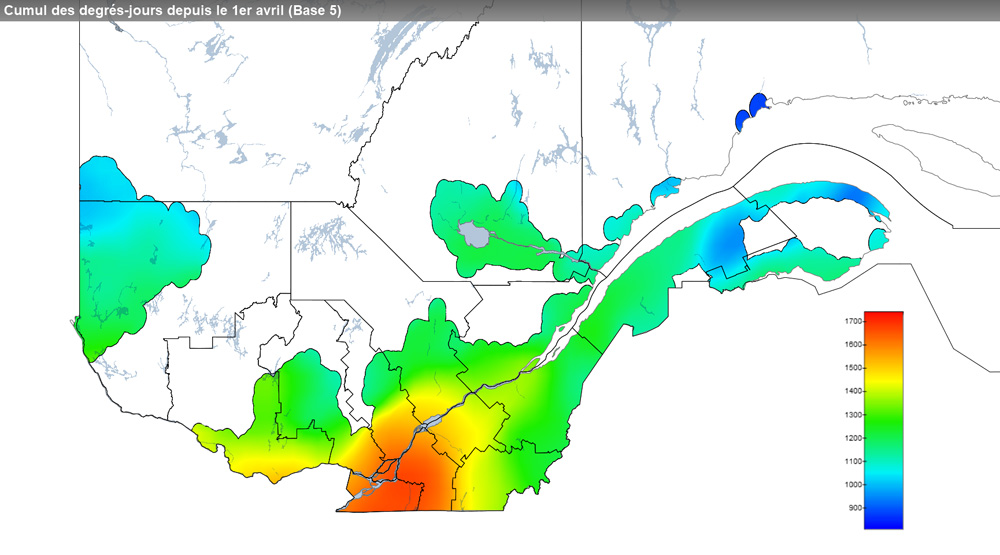 Ce graphique provient du site Agrométéo Québec. Il présente la cumulation des degrés-jours à partir du premier avril (base 5 degrés). Pour obtenir des informations plus précises, visitez le site d'Agrométéo Québec à partir du lien suivant ce graphique.