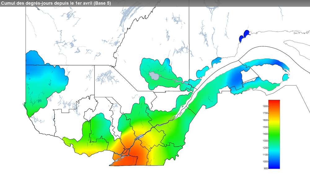 Ce graphique provient du site Agrométéo Québec. Il présente la cumulation des degrés-jours à partir du premier avril (base 5 degrés). Pour obtenir des informations plus précises, visitez le site d'Agrométéo Québec à partir du lien suivant ce graphique.