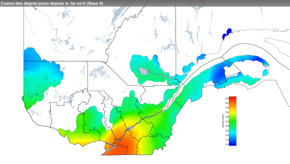 Ce graphique provient du site Agrométéo Québec. Il présente la cumulation des degrés-jours à partir du premier avril (base 5 degrés). Pour obtenir des informations plus précises, visitez le site d'Agrométéo Québec à partir du lien suivant ce graphique.