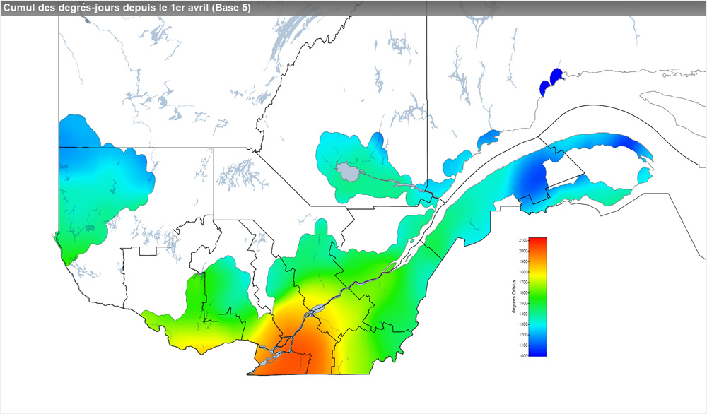 Ce graphique provient du site Agrométéo Québec. Il présente la cumulation des degrés-jours à partir du premier avril (base 5 degrés). Pour obtenir des informations plus précises, visitez le site d'Agrométéo Québec à partir du lien suivant ce graphique.