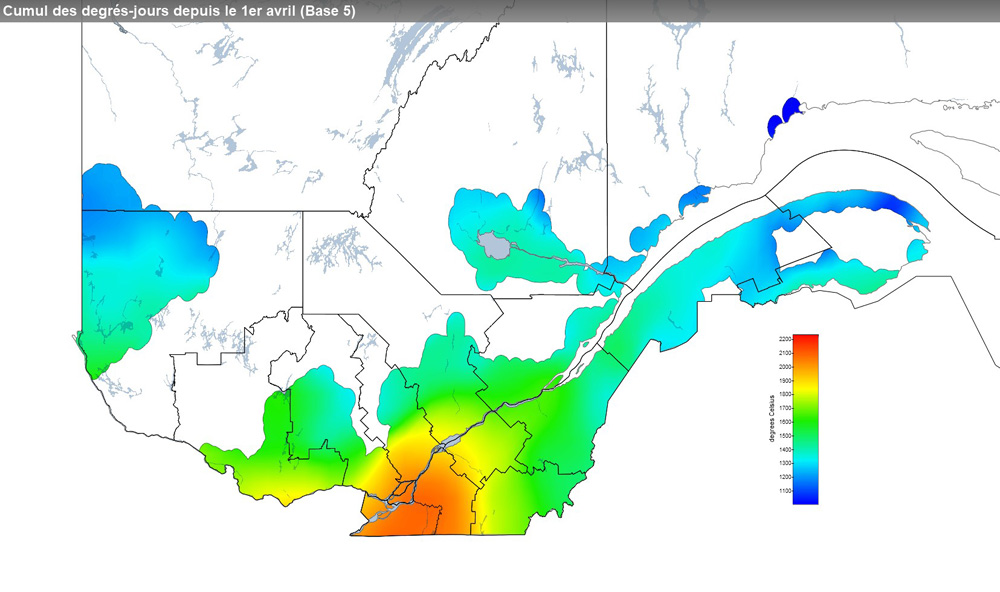 Ce graphique provient du site Agrométéo Québec. Il présente la cumulation des degrés-jours à partir du premier avril (base 5 degrés). Pour obtenir des informations plus précises, visitez le site d'Agrométéo Québec à partir du lien suivant ce graphique.