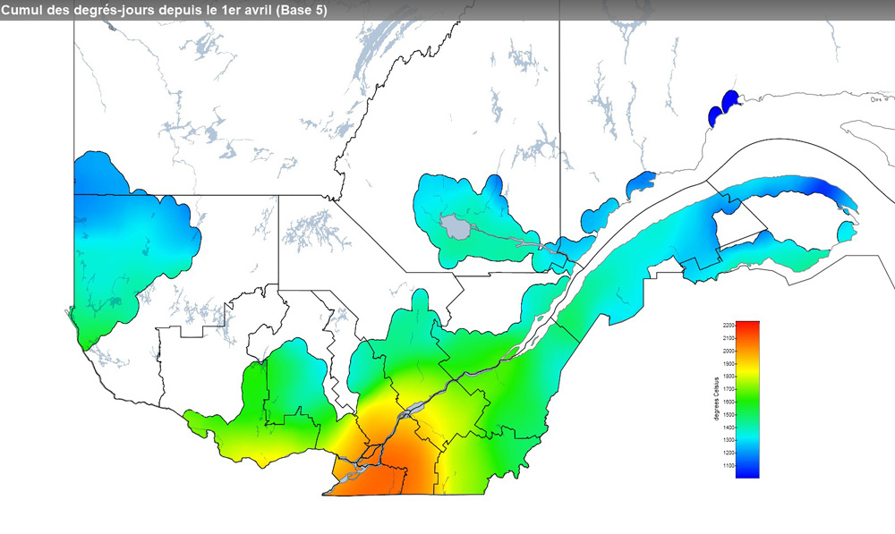 Ce graphique provient du site Agrométéo Québec. Il présente la cumulation des degrés-jours à partir du premier avril (base 5 degrés). Pour obtenir des informations plus précises, visitez le site d'Agrométéo Québec à partir du lien suivant ce graphique.