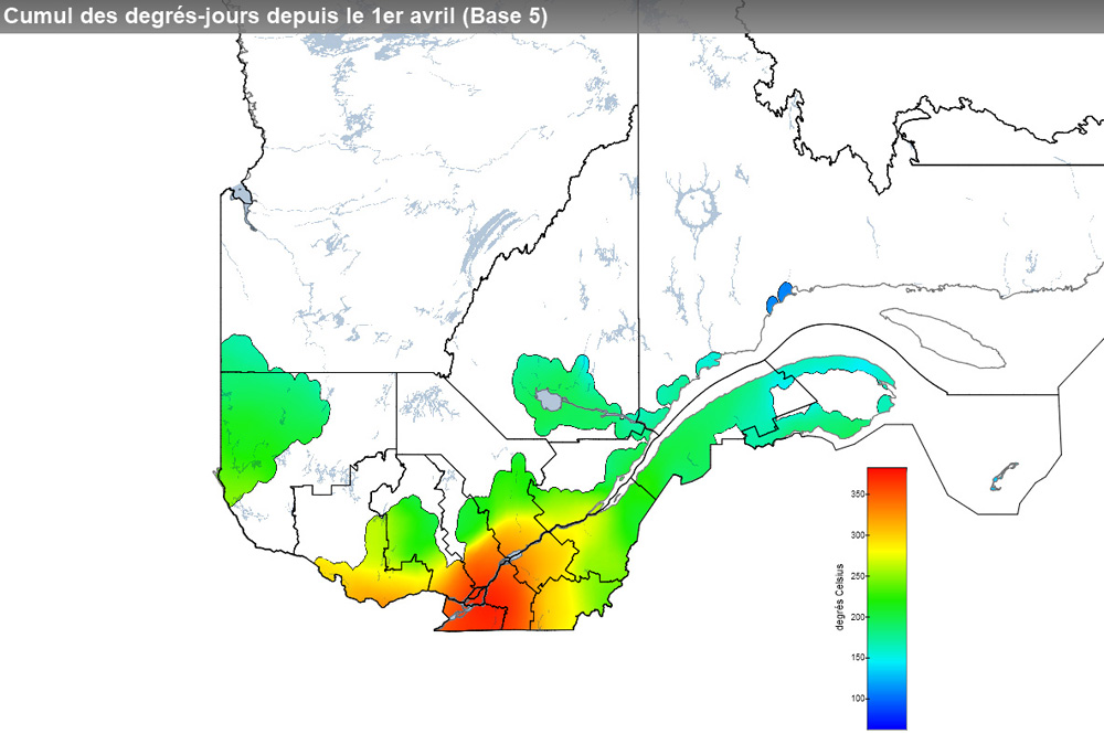 Ce graphique provient du site Agrométéo Québec. Il présente la cumulation des degrés-jours à partir du premier avril (base 5 degrés). Pour obtenir des informations plus précises, visitez le site d'Agrométéo Québec à partir du lien suivant ce graphique.