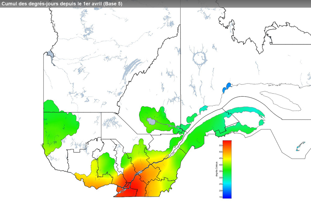 Ce graphique provient du site Agrométéo Québec. Il présente la cumulation des degrés-jours à partir du premier avril (base 5 degrés). Pour obtenir des informations plus précises, visitez le site d'Agrométéo Québec à partir du lien suivant ce graphique.