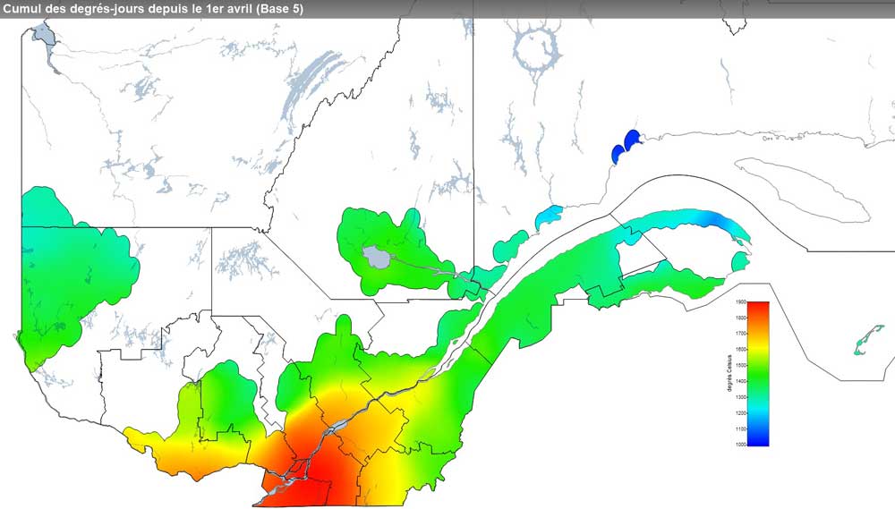 Ce graphique provient du site Agrométéo Québec. Il présente la cumulation des degrés-jours à partir du premier avril (base 5 degrés). Pour obtenir des informations plus précises, visitez le site d'Agrométéo Québec à partir du lien suivant ce graphique.