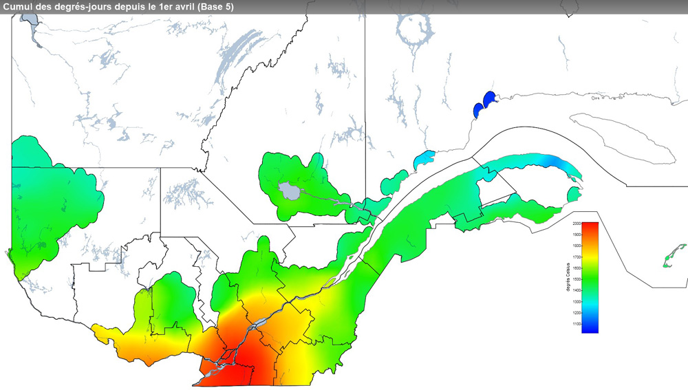 Ce graphique provient du site Agrométéo Québec. Il présente la cumulation des degrés-jours à partir du premier avril (base 5 degrés). Pour obtenir des informations plus précises, visitez le site d'Agrométéo Québec à partir du lien suivant ce graphique.