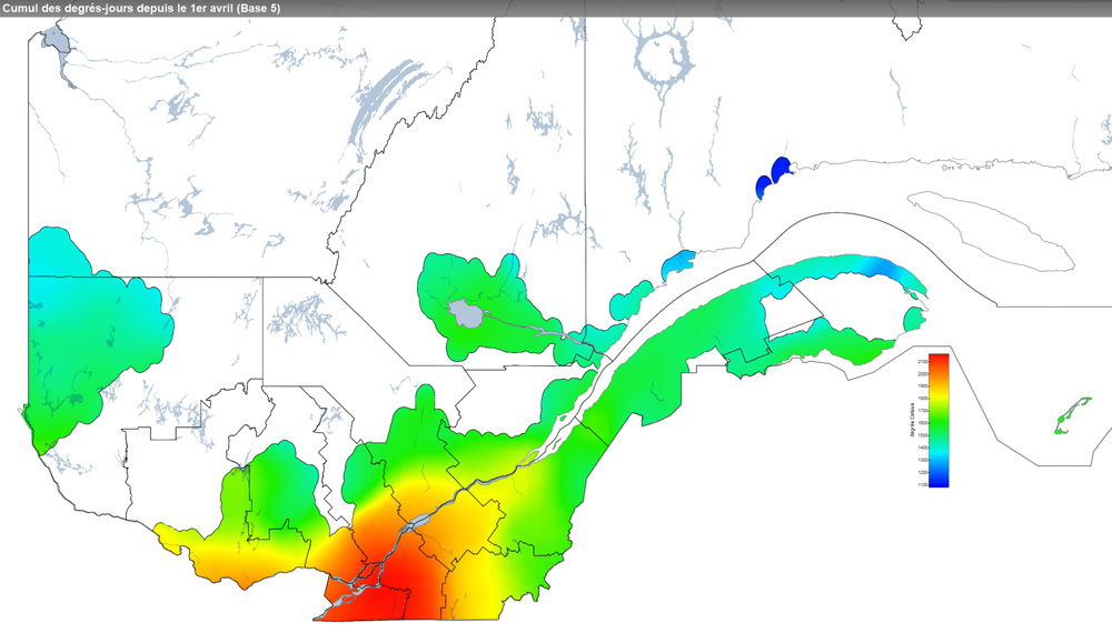 Ce graphique provient du site Agrométéo Québec. Il présente la cumulation des degrés-jours à partir du premier avril (base 5 degrés). Pour obtenir des informations plus précises, visitez le site d'Agrométéo Québec à partir du lien suivant ce graphique.