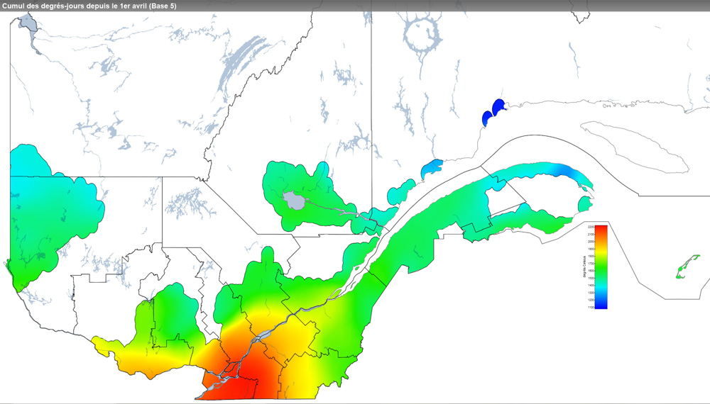 Ce graphique provient du site Agrométéo Québec. Il présente la cumulation des degrés-jours à partir du premier avril (base 5 degrés). Pour obtenir des informations plus précises, visitez le site d'Agrométéo Québec à partir du lien suivant ce graphique.