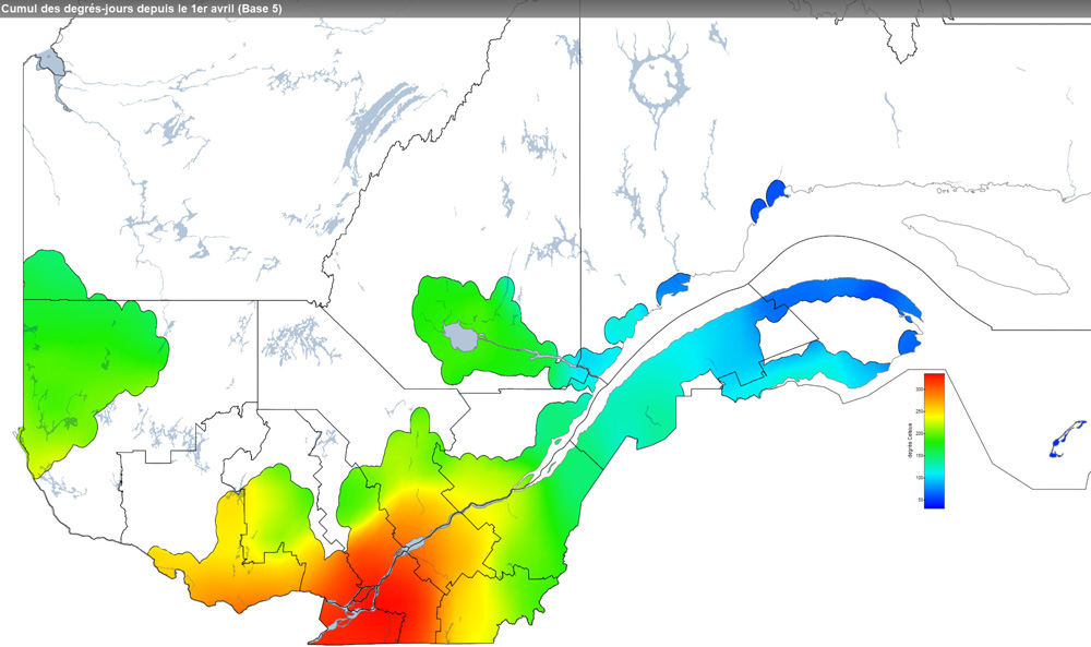 Ce graphique provient du site Agrométéo Québec. Il présente la cumulation des degrés-jours à partir du premier avril (base 5 degrés). Pour obtenir des informations plus précises, visitez le site d'Agrométéo Québec à partir du lien suivant ce graphique.