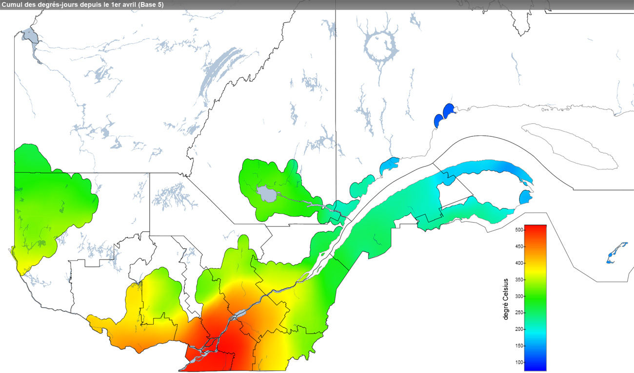 Ce graphique provient du site Agrométéo Québec. Il présente la cumulation des degrés-jours à partir du premier avril (base 5 degrés). Pour obtenir des informations plus précises, visitez le site d'Agrométéo Québec à partir du lien suivant ce graphique.