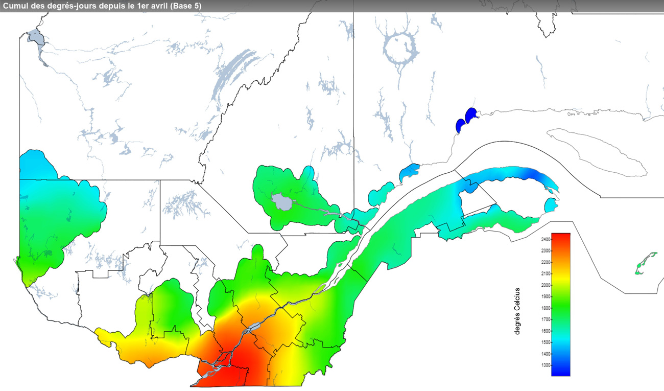 Ce graphique provient du site Agrométéo Québec. Il présente la cumulation des degrés-jours à partir du premier avril (base 5 degrés). Pour obtenir des informations plus précises, visitez le site d'Agrométéo Québec à partir du lien suivant ce graphique.