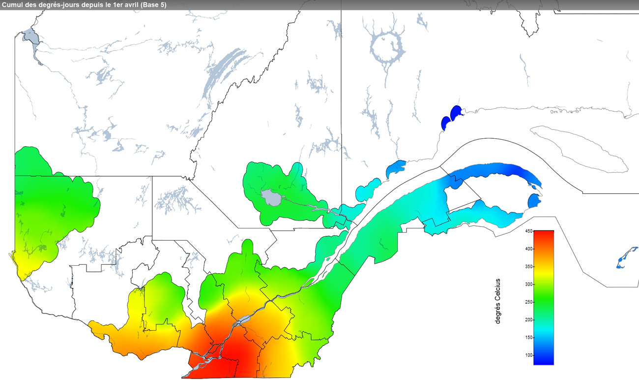 Ce graphique provient du site Agrométéo Québec. Il présente la cumulation des degrés-jours à partir du premier avril (base 5 degrés). Pour obtenir des informations plus précises, visitez le site d'Agrométéo Québec à partir du lien suivant ce graphique.