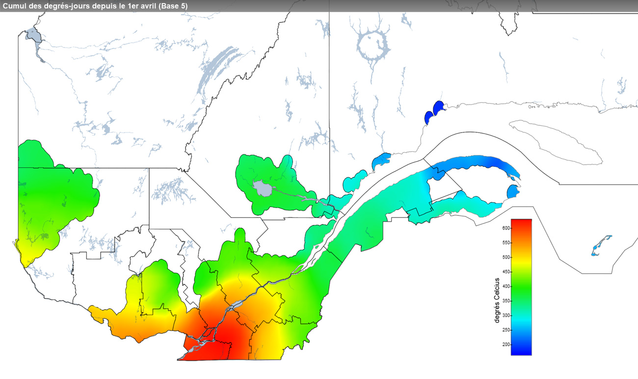 Ce graphique provient du site Agrométéo Québec. Il présente la cumulation des degrés-jours à partir du premier avril (base 5 degrés). Pour obtenir des informations plus précises, visitez le site d'Agrométéo Québec à partir du lien suivant ce graphique.