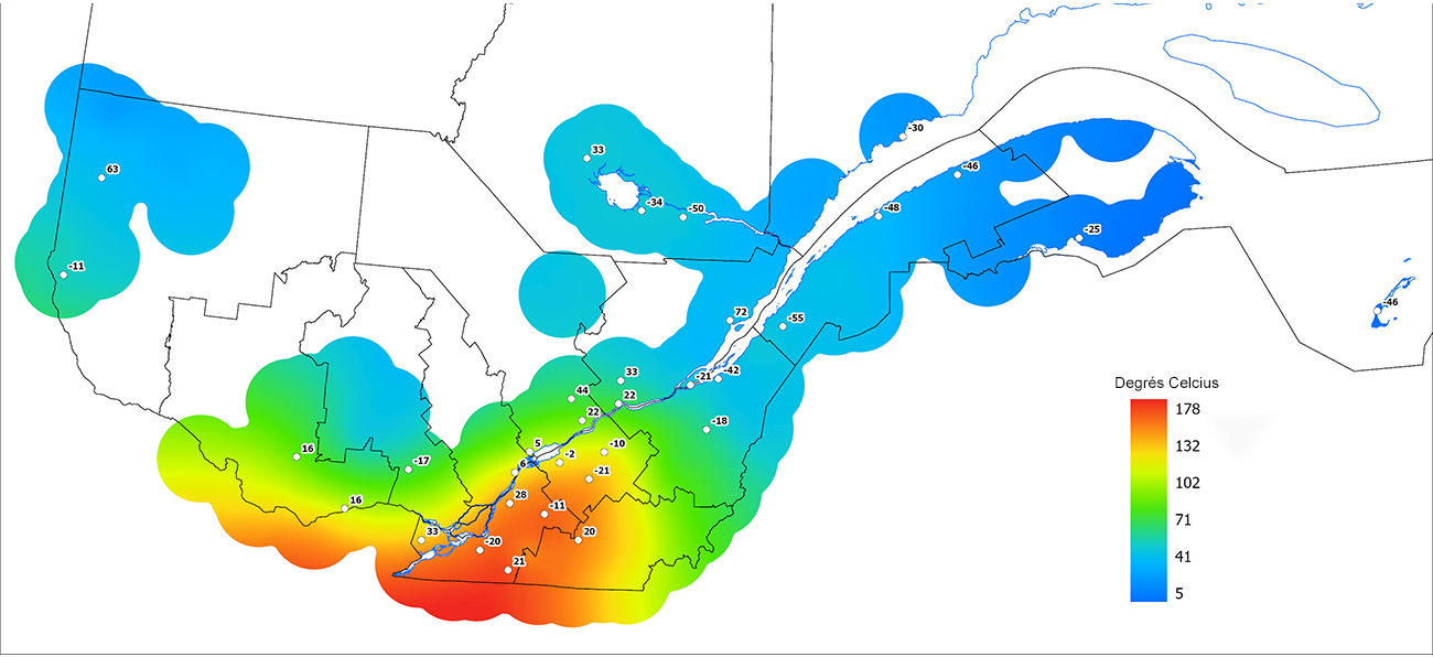 Ce graphique provient du site Agrométéo Québec. Il présente la cumulation des degrés-jours à partir du premier avril (base 5 degrés). Pour obtenir des informations plus précises, visitez le site d'Agrométéo Québec à partir du lien suivant ce graphique.