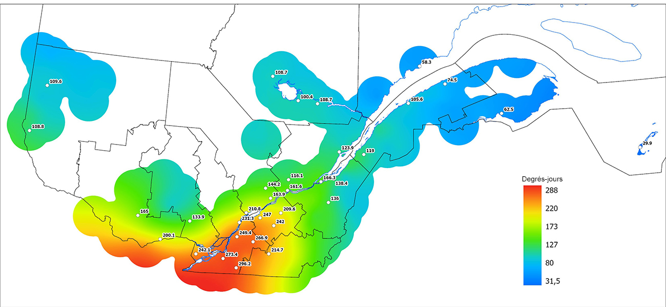 Ce graphique provient du site Agrométéo Québec. Il présente la cumulation des degrés-jours à partir du premier avril (base 5 degrés). Pour obtenir des informations plus précises, visitez le site d'Agrométéo Québec à partir du lien suivant ce graphique.