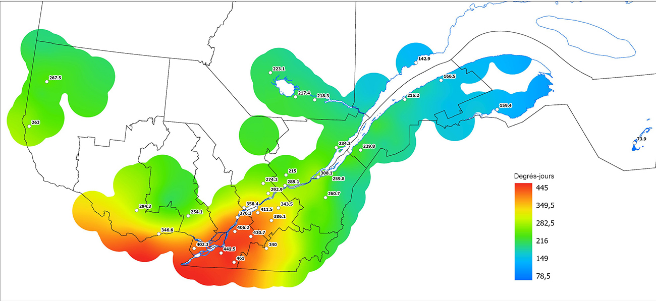 Ce graphique provient du site Agrométéo Québec. Il présente la cumulation des degrés-jours à partir du premier avril (base 5 degrés). Pour obtenir des informations plus précises, visitez le site d'Agrométéo Québec à partir du lien suivant ce graphique.