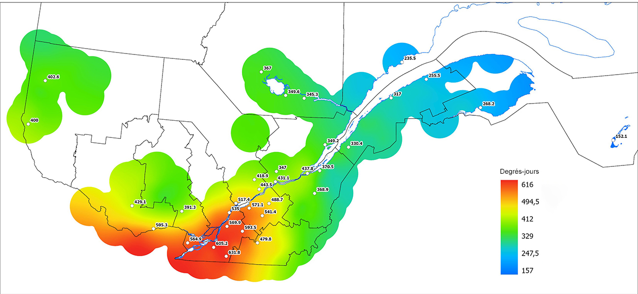 Ce graphique provient du site Agrométéo Québec. Il présente la cumulation des degrés-jours à partir du premier avril (base 5 degrés). Pour obtenir des informations plus précises, visitez le site d'Agrométéo Québec à partir du lien suivant ce graphique.