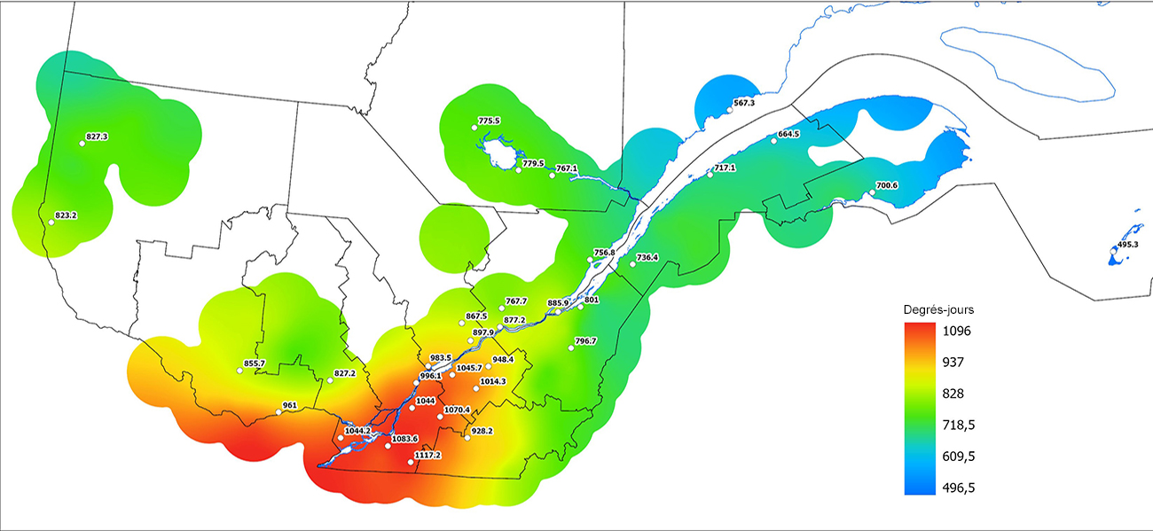 Ce graphique provient du site Agrométéo Québec. Il présente la cumulation des degrés-jours à partir du premier avril (base 5 degrés). Pour obtenir des informations plus précises, visitez le site d'Agrométéo Québec à partir du lien suivant ce graphique.