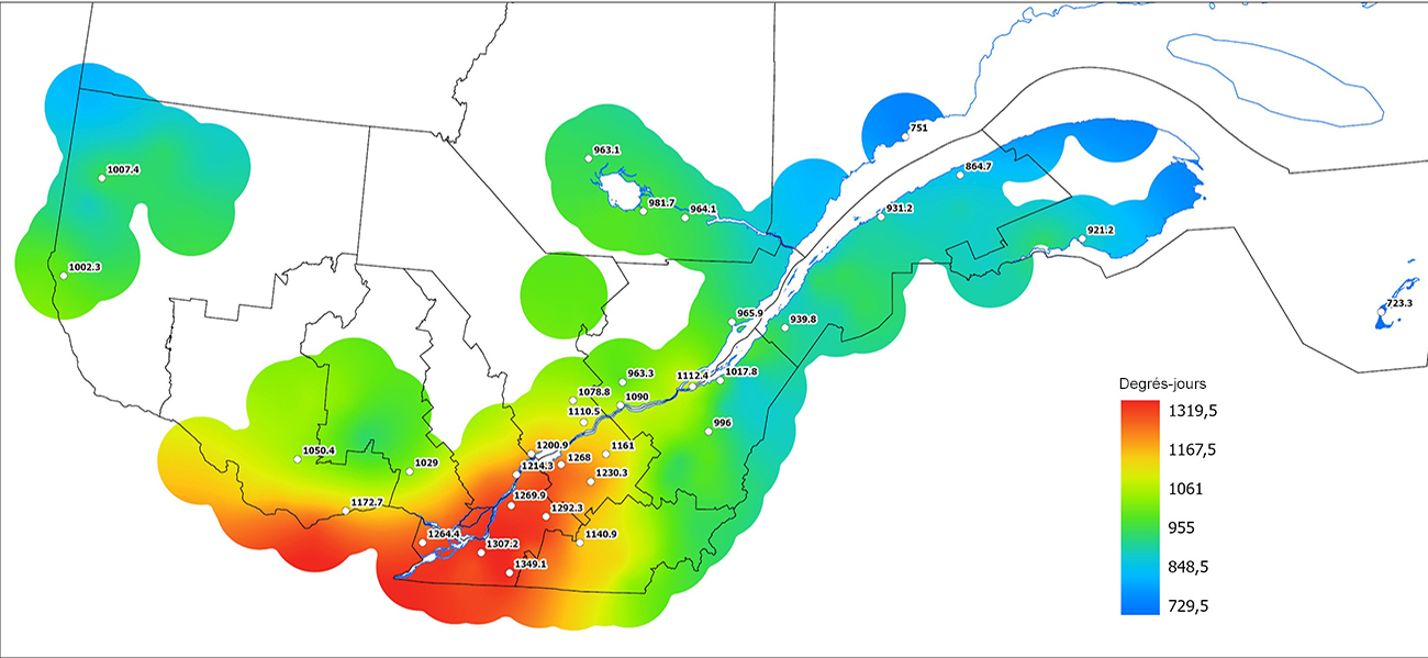 Ce graphique provient du site Agrométéo Québec. Il présente la cumulation des degrés-jours à partir du premier avril (base 5 degrés). Pour obtenir des informations plus précises, visitez le site d'Agrométéo Québec à partir du lien suivant ce graphique.