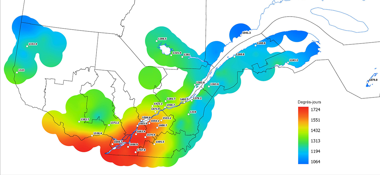 Ce graphique provient du site Agrométéo Québec. Il présente la cumulation des degrés-jours à partir du premier avril (base 5 degrés). Pour obtenir des informations plus précises, visitez le site d'Agrométéo Québec à partir du lien suivant ce graphique.