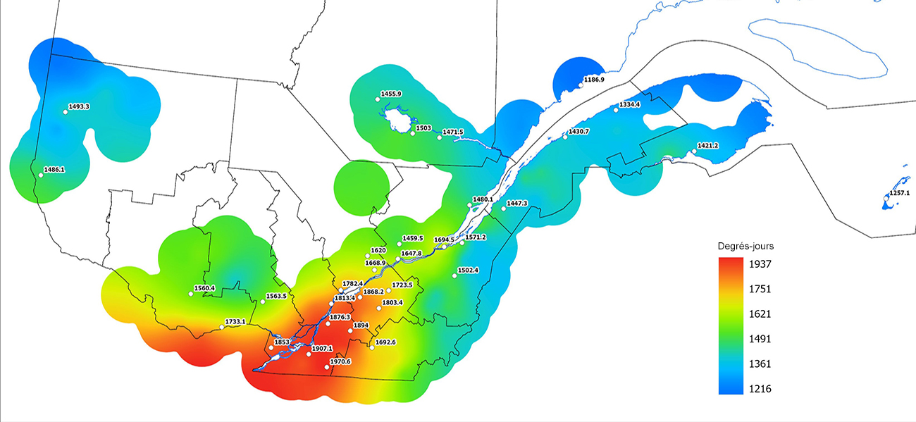 Ce graphique provient du site Agrométéo Québec. Il présente la cumulation des degrés-jours à partir du premier avril (base 5 degrés). Pour obtenir des informations plus précises, visitez le site d'Agrométéo Québec à partir du lien suivant ce graphique.