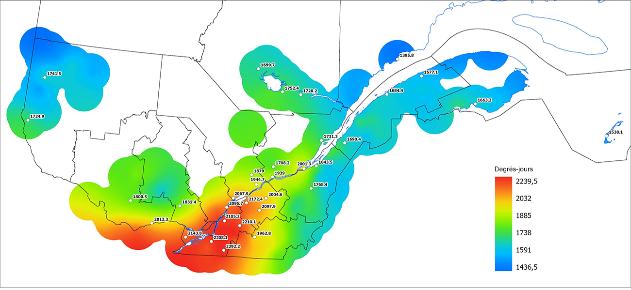 Ce graphique provient du site Agrométéo Québec. Il présente la cumulation des degrés-jours à partir du premier avril (base 5 degrés). Pour obtenir des informations plus précises, visitez le site d'Agrométéo Québec à partir du lien suivant ce graphique.