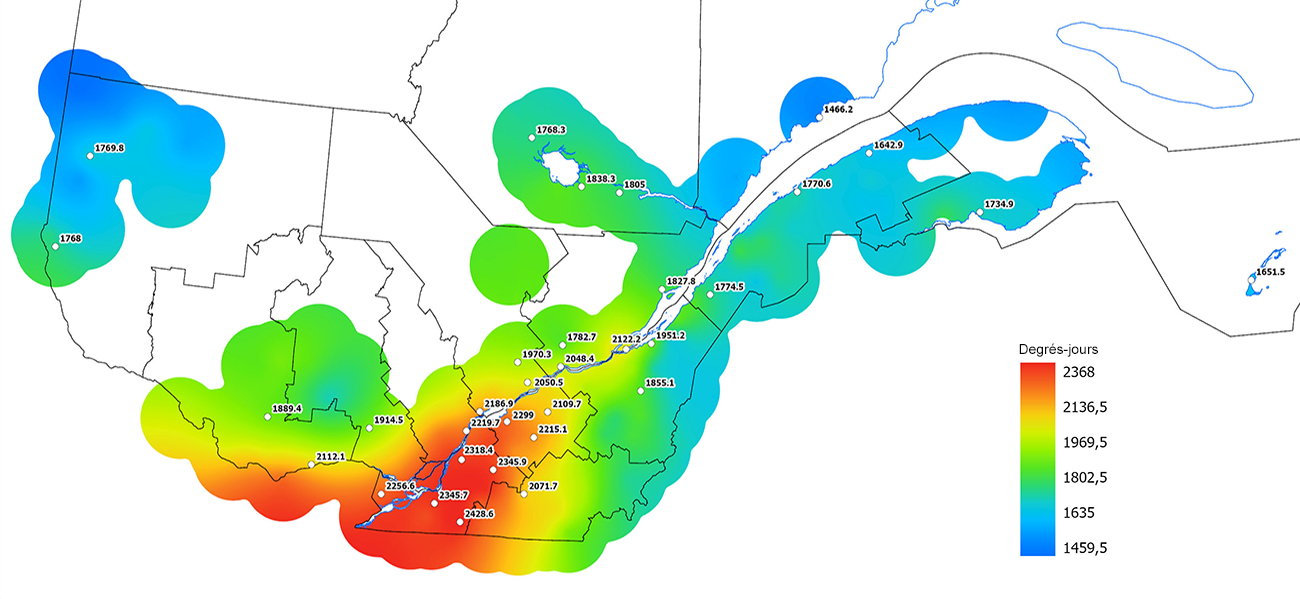 Ce graphique provient du site Agrométéo Québec. Il présente la cumulation des degrés-jours à partir du premier avril (base 5 degrés). Pour obtenir des informations plus précises, visitez le site d'Agrométéo Québec à partir du lien suivant ce graphique.