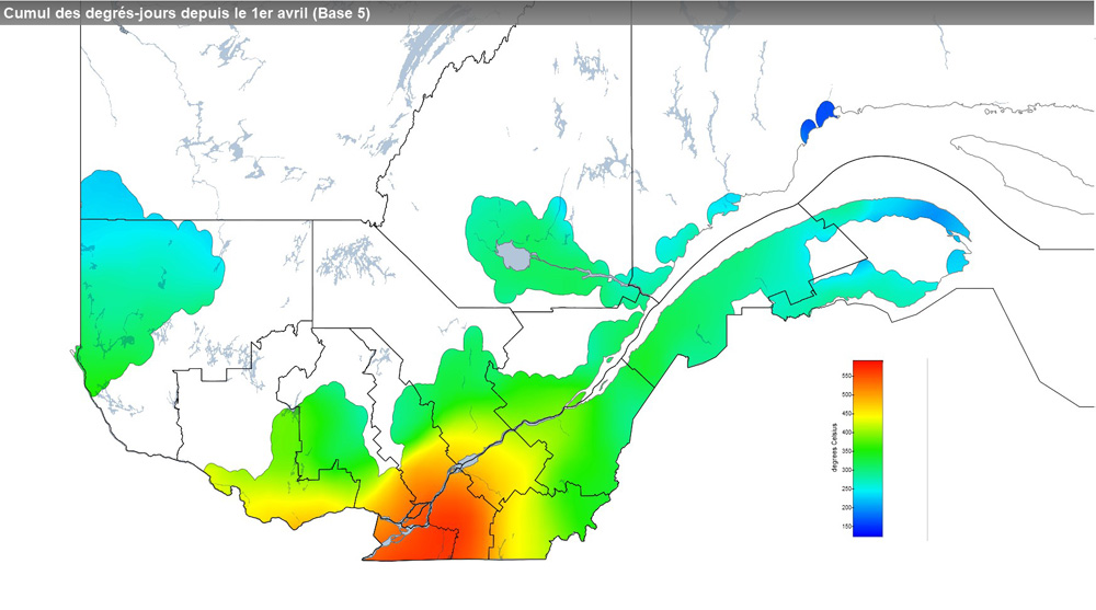 Ce graphique provient du site Agrométéo Québec. Il présente la cumulation des degrés-jours à partir du premier avril (base 5 degrés). Pour obtenir des informations plus précises, visitez le site d'Agrométéo Québec à partir du lien suivant ce graphique.