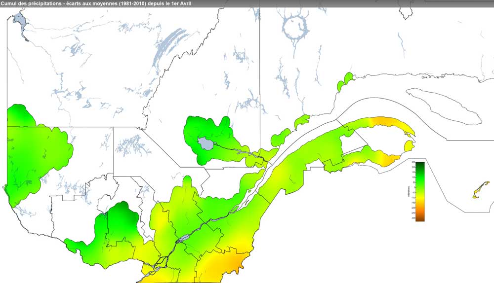 Ce graphique provient du site Agrométéo Québec. Il présente les précipitations (mm) à partir du premier avril jusqu'au 24 novembre 2020. Pour obtenir des informations plus précises, visitez le site d'Agrométéo Québec à partir du lien suivant ce graphique.