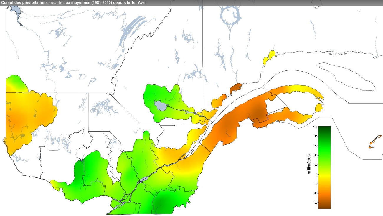 Ce graphique provient du site Agrométéo Québec. Il présente les précipitations (mm) à partir du premier avril. Pour obtenir des informations plus précises, visitez le site d'Agrométéo Québec à partir du lien suivant ce graphique.