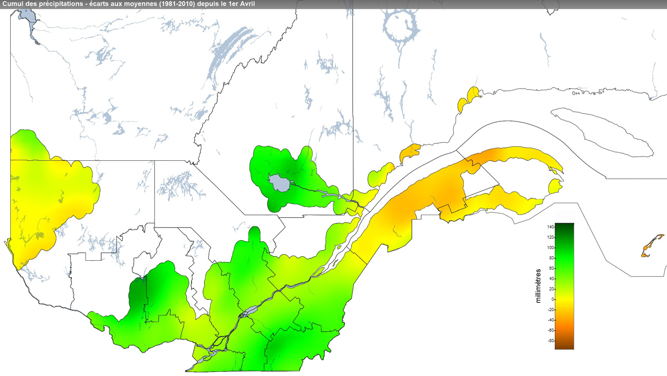 Ce graphique provient du site Agrométéo Québec. Il présente les précipitations (mm) à partir du premier avril. Pour obtenir des informations plus précises, visitez le site d'Agrométéo Québec à partir du lien suivant ce graphique.