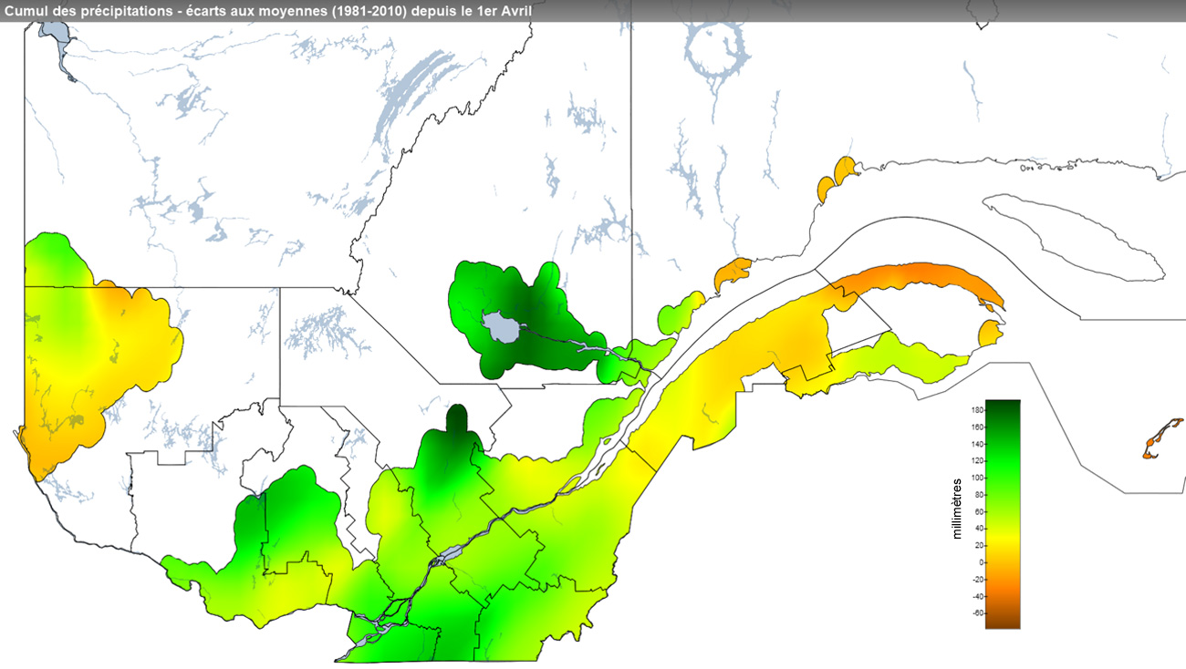 Ce graphique provient du site Agrométéo Québec. Il présente les précipitations (mm) à partir du premier avril. Pour obtenir des informations plus précises, visitez le site d'Agrométéo Québec à partir du lien suivant ce graphique.