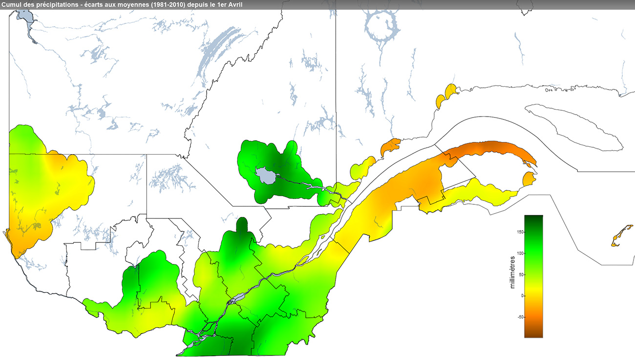 Ce graphique provient du site Agrométéo Québec. Il présente les précipitations (mm) à partir du premier avril. Pour obtenir des informations plus précises, visitez le site d'Agrométéo Québec à partir du lien suivant ce graphique.