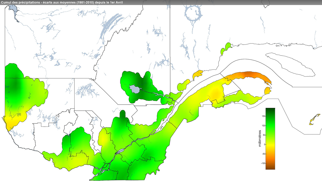 Ce graphique provient du site Agrométéo Québec. Il présente les précipitations (mm) à partir du premier avril. Pour obtenir des informations plus précises, visitez le site d'Agrométéo Québec à partir du lien suivant ce graphique.