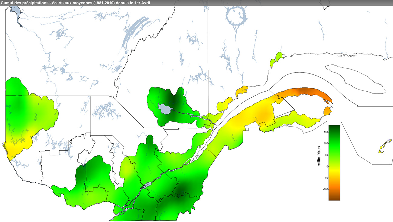 Ce graphique provient du site Agrométéo Québec. Il présente les précipitations (mm) à partir du premier avril. Pour obtenir des informations plus précises, visitez le site d'Agrométéo Québec à partir du lien suivant ce graphique.