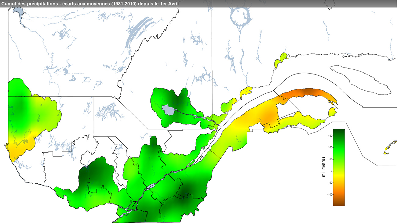 Ce graphique provient du site Agrométéo Québec. Il présente les précipitations (mm) à partir du premier avril. Pour obtenir des informations plus précises, visitez le site d'Agrométéo Québec à partir du lien suivant ce graphique.