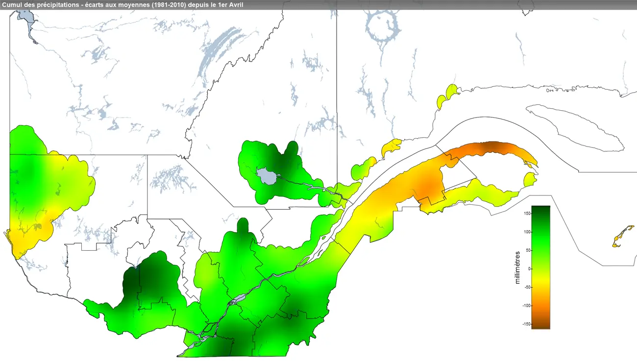 Ce graphique provient du site Agrométéo Québec. Il présente les précipitations (mm) à partir du premier avril. Pour obtenir des informations plus précises, visitez le site d'Agrométéo Québec à partir du lien suivant ce graphique.