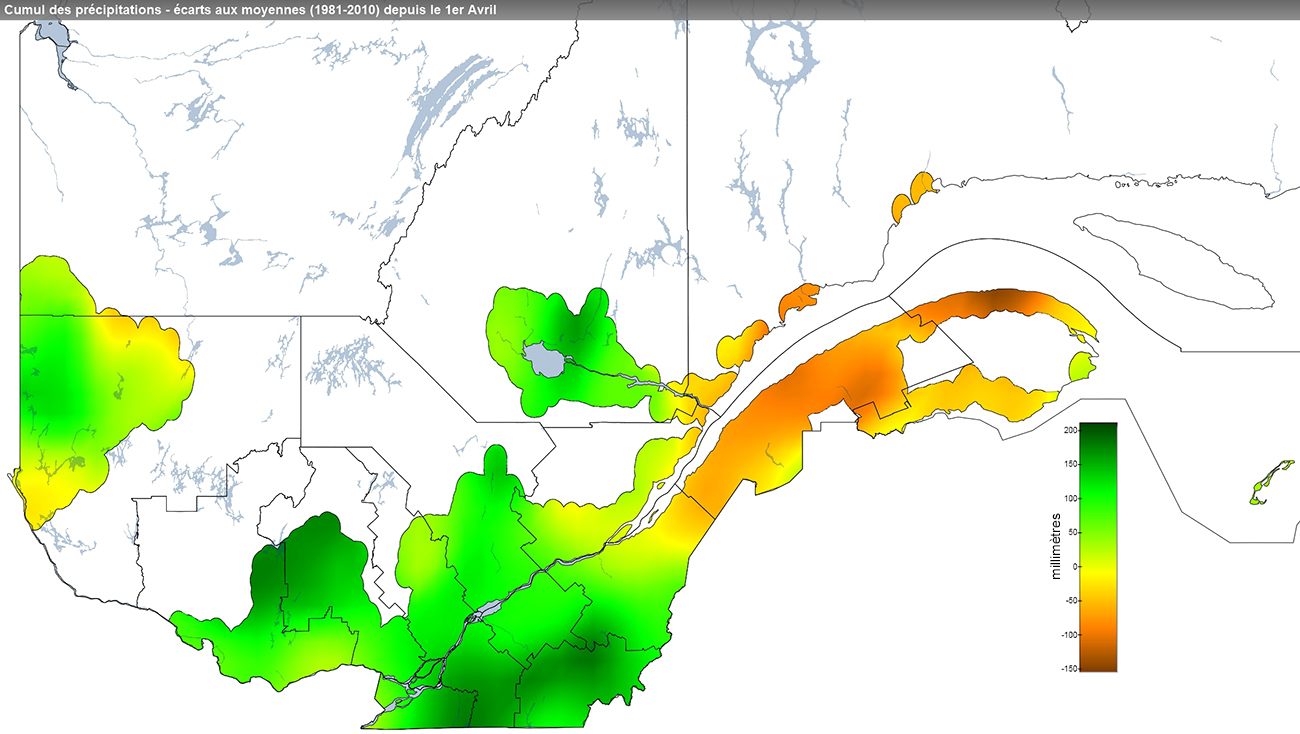 Ce graphique provient du site Agrométéo Québec. Il présente les précipitations (mm) à partir du premier avril. Pour obtenir des informations plus précises, visitez le site d'Agrométéo Québec à partir du lien suivant ce graphique.