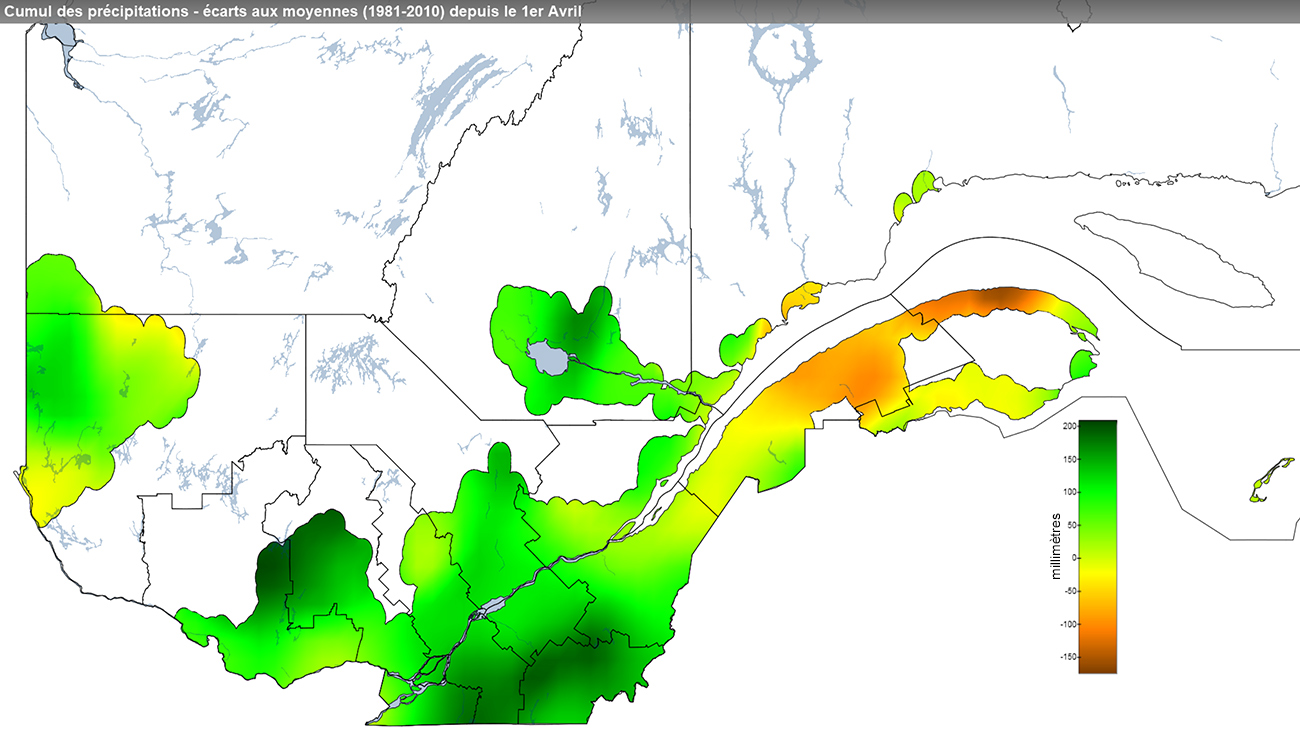 Ce graphique provient du site Agrométéo Québec. Il présente les précipitations (mm) à partir du premier avril. Pour obtenir des informations plus précises, visitez le site d'Agrométéo Québec à partir du lien suivant ce graphique.