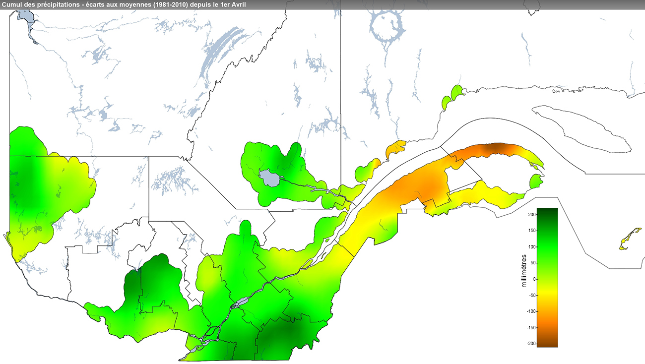 Ce graphique provient du site Agrométéo Québec. Il présente les précipitations (mm) à partir du premier avril. Pour obtenir des informations plus précises, visitez le site d'Agrométéo Québec à partir du lien suivant ce graphique.