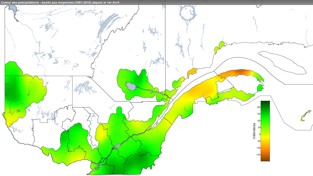 Ce graphique provient du site Agrométéo Québec. Il présente les précipitations (mm) à partir du premier avril. Pour obtenir des informations plus précises, visitez le site d'Agrométéo Québec à partir du lien suivant ce graphique.