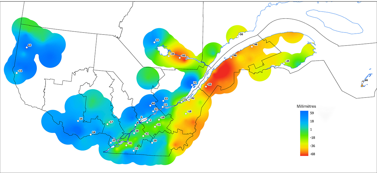 Ce graphique provient du site Agrométéo Québec. Il présente les précipitations (mm) à partir du premier avril. Pour obtenir des informations plus précises, visitez le site d'Agrométéo Québec à partir du lien suivant ce graphique.