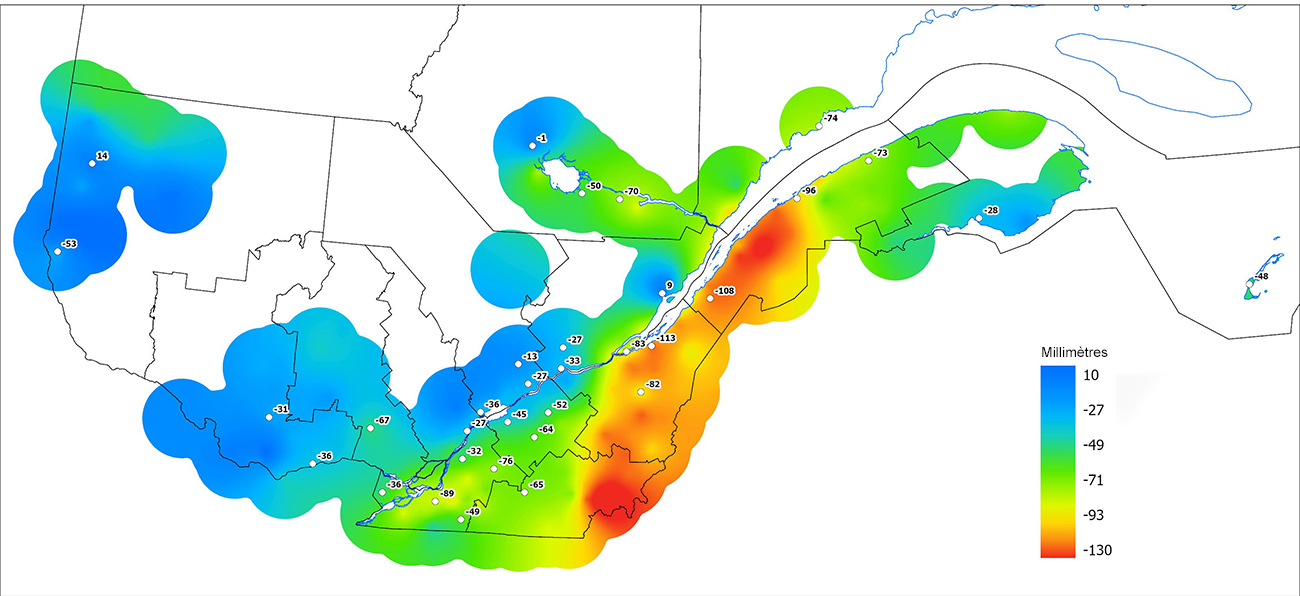 Ce graphique provient du site Agrométéo Québec. Il présente les précipitations (mm) à partir du premier avril. Pour obtenir des informations plus précises, visitez le site d'Agrométéo Québec à partir du lien suivant ce graphique.