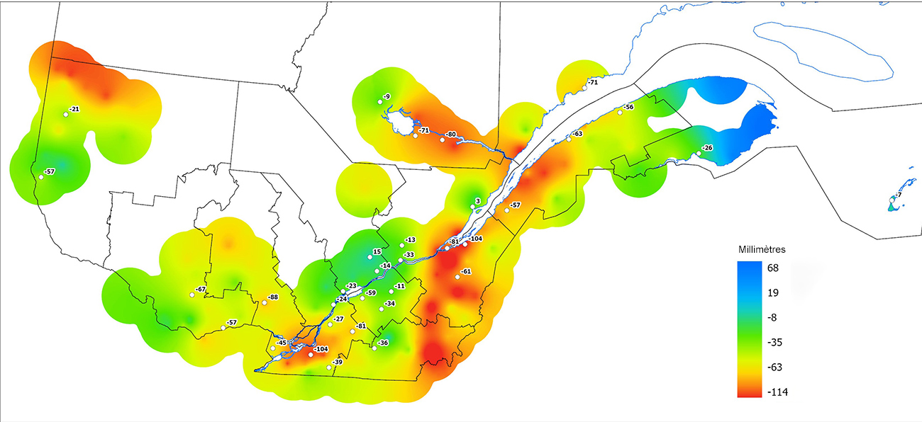 Ce graphique provient du site Agrométéo Québec. Il présente les précipitations (mm) à partir du premier avril. Pour obtenir des informations plus précises, visitez le site d'Agrométéo Québec à partir du lien suivant ce graphique.