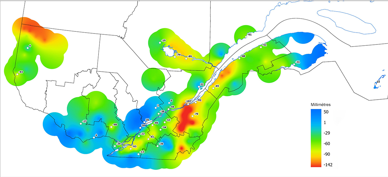 Ce graphique provient du site Agrométéo Québec. Il présente les précipitations (mm) à partir du premier avril. Pour obtenir des informations plus précises, visitez le site d'Agrométéo Québec à partir du lien suivant ce graphique.